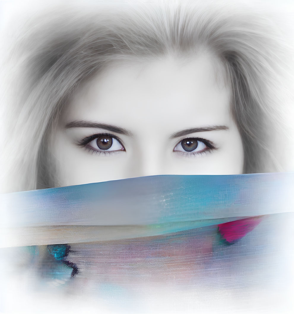 Vibrant portrait of a woman with striking eyes in colorful, blurred background