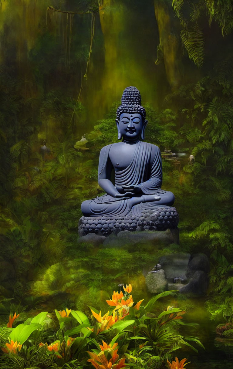 Meditating Buddha statue in lush green forest with orange flowers