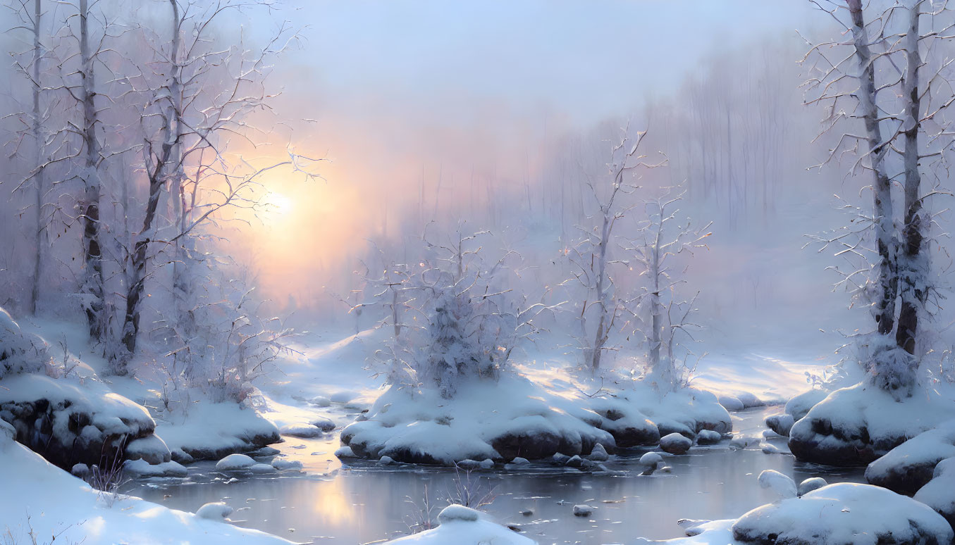 Snow-covered trees and rocks by serene river at sunrise