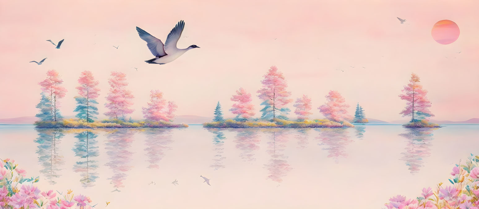 Tranquil landscape with pink trees, reflecting water, birds, and orange sun