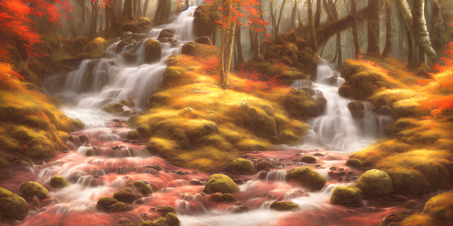 Autumn forest waterfall with red leaves and sunlight