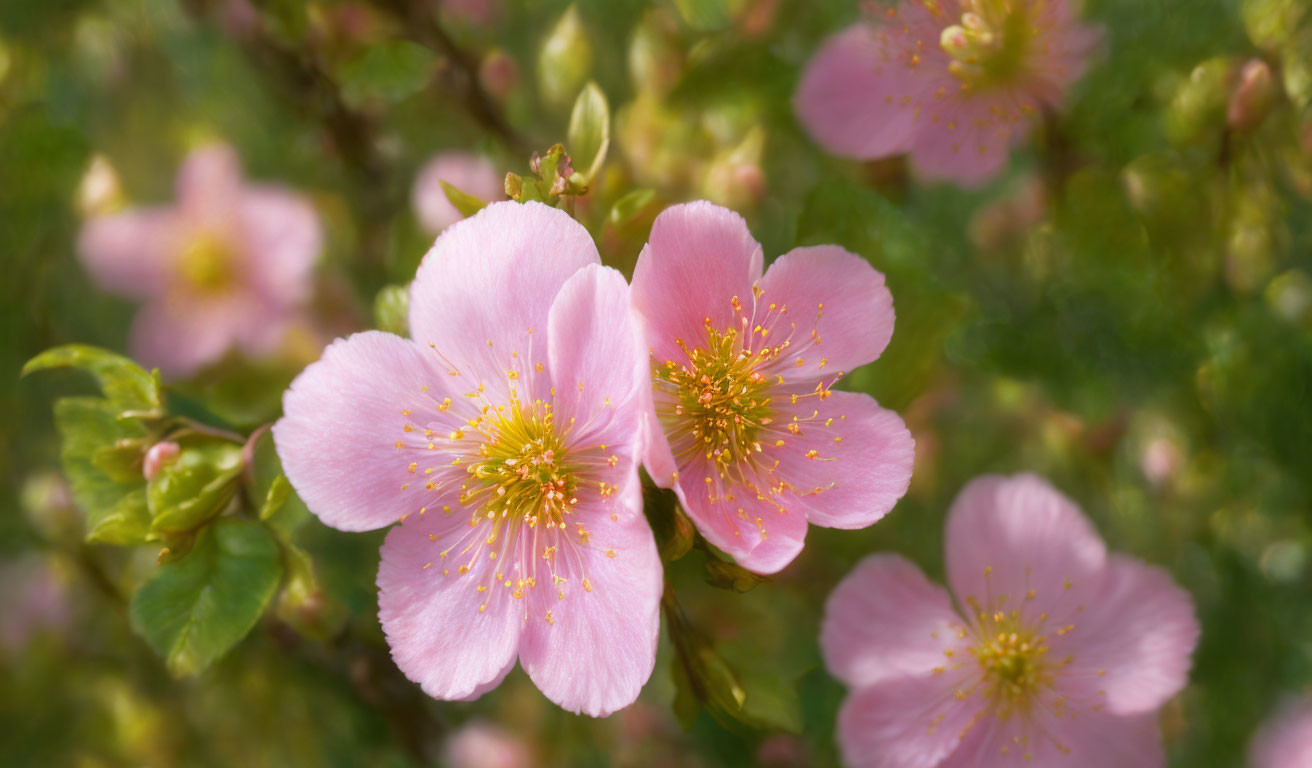 Vibrant spring scene with soft pink blossoms and yellow stamens