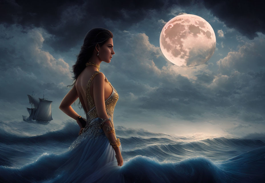 Woman in elegant gown by sea under large moon with distant ship on horizon