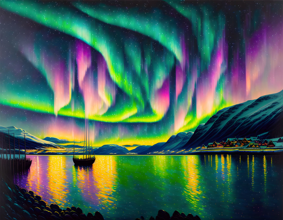 Northern Lights over tranquil fjord with sailboat, snowy mountains, village