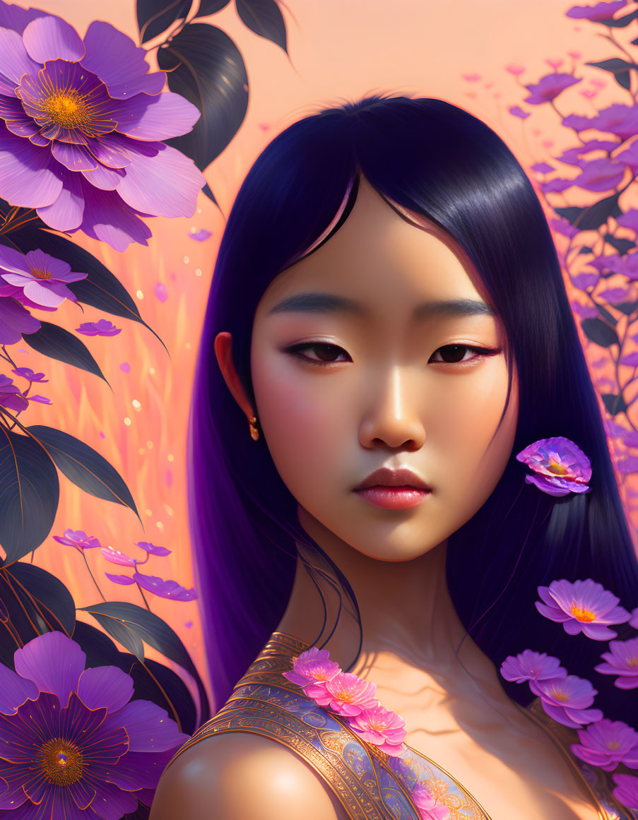 Asian girl digital art portrait with violet flowers and intricate floral details