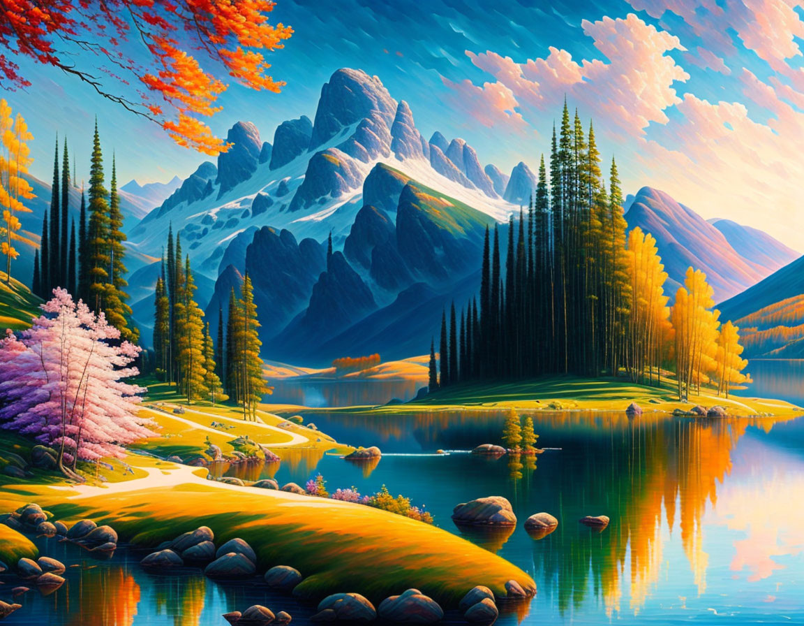 Colorful landscape painting: reflective lake, vibrant trees, towering mountains, serene path, sunset sky