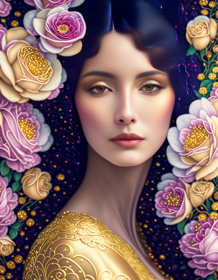 Digital art portrait of woman in gold attire with colorful floral pattern on dark background