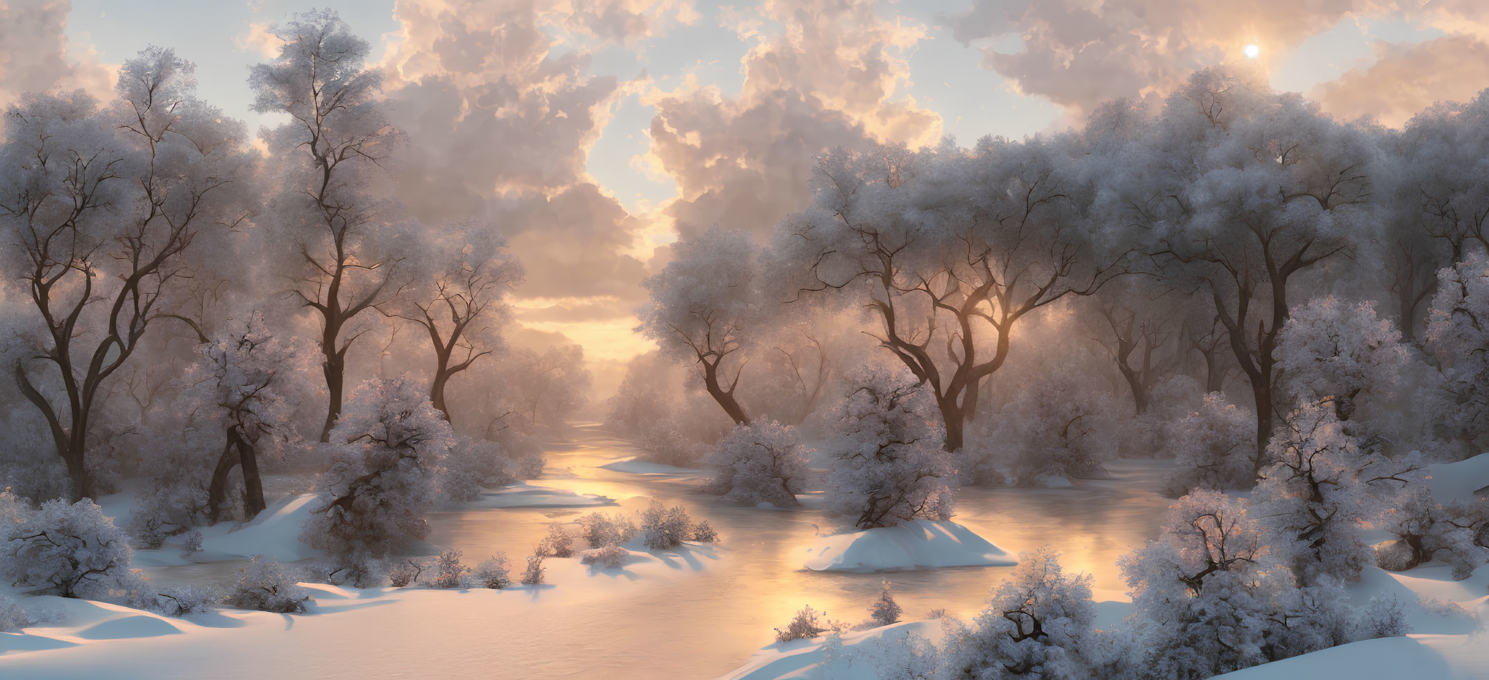 Snow-covered trees and frozen river in serene winter landscape