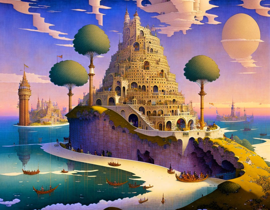 Fantastical landscape with grand castle, whimsical trees, floating islands, vintage ships