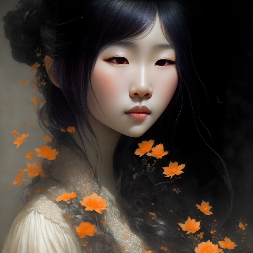 Ethereal digital portrait of a woman with porcelain skin and dark hair adorned with orange flowers.