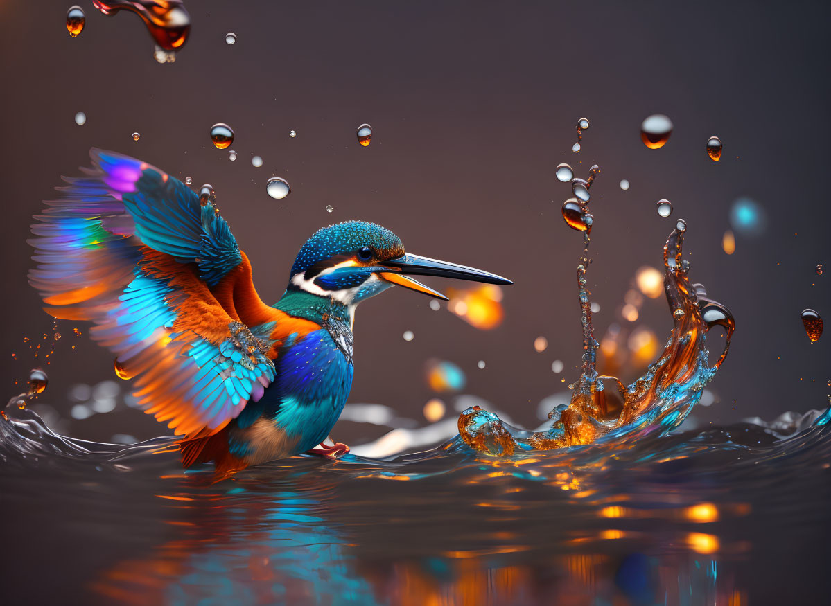 Colorful Kingfisher Hovering Above Water with Dynamic Droplets on Brown Background