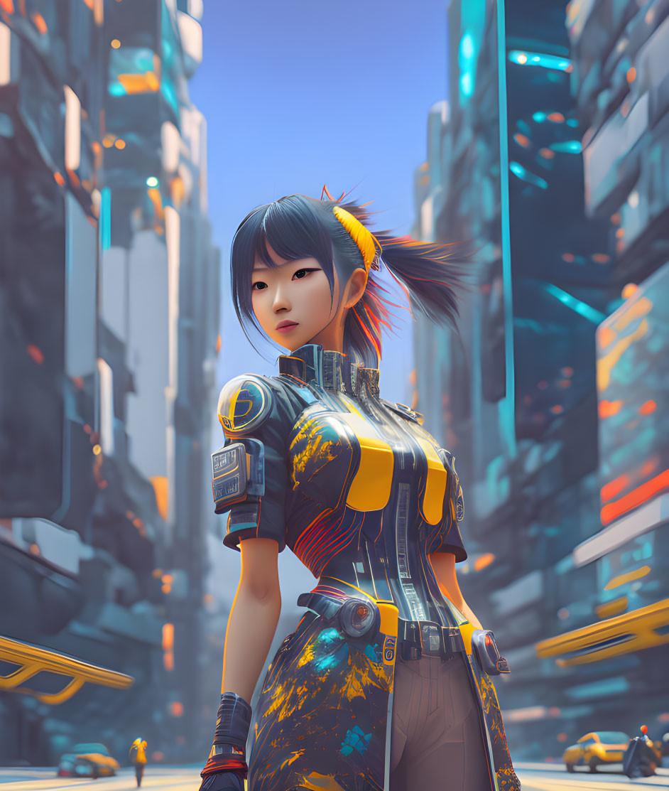 Futuristic young woman in high-tech suit in neon-lit cityscape