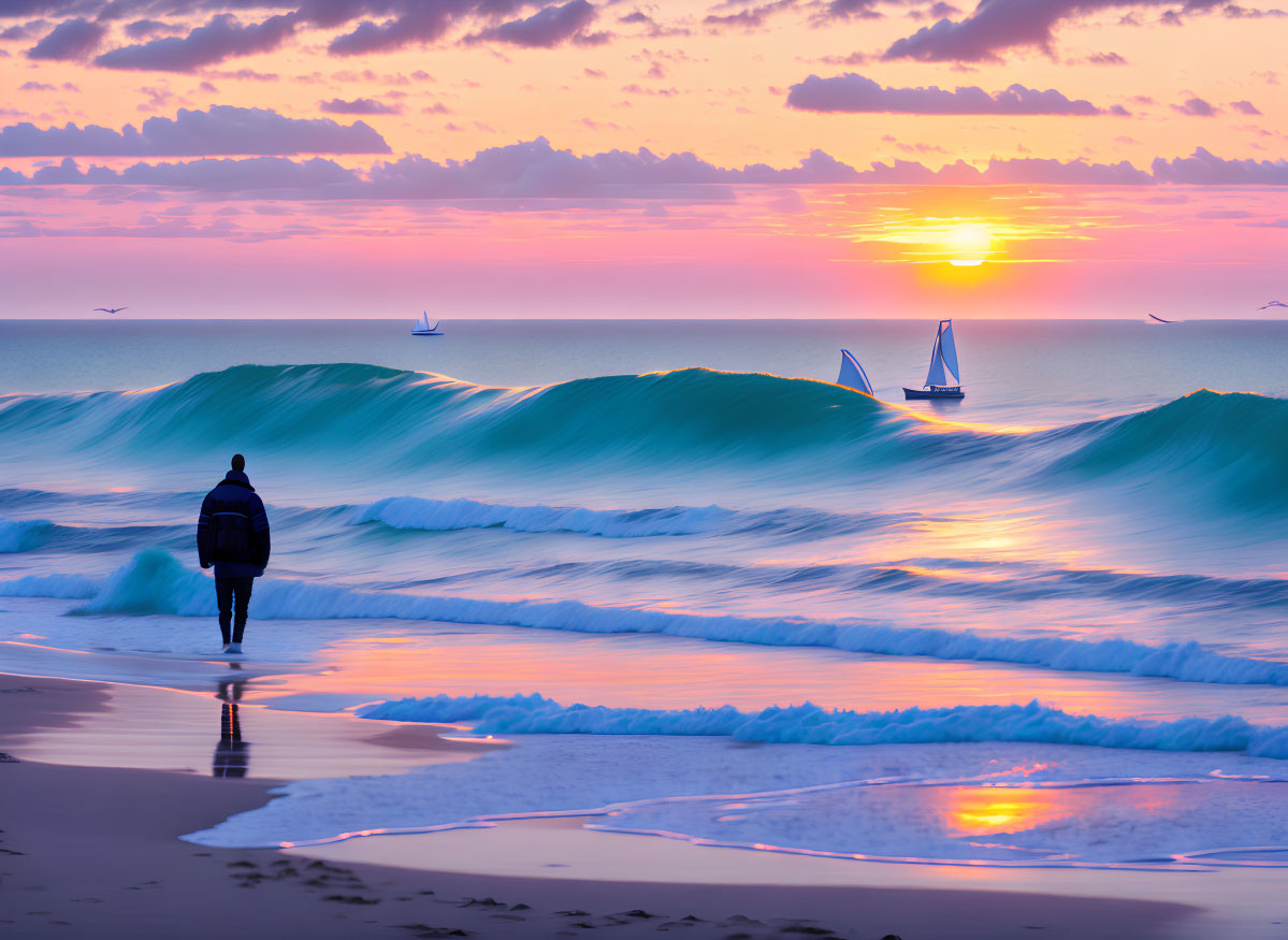 Person walking on beach at sunset with sailboats and birds in sky