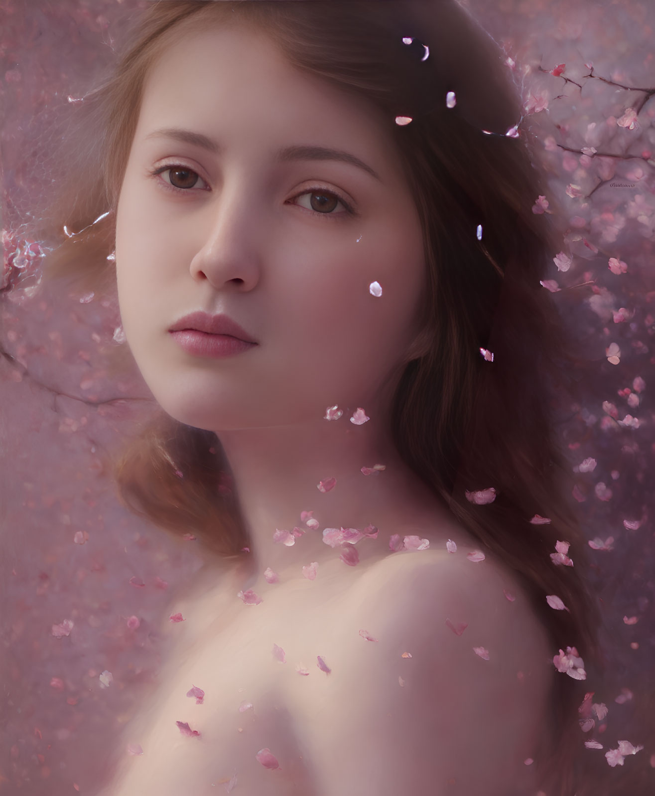 Woman portrait with pink cherry blossoms creating dreamy atmosphere