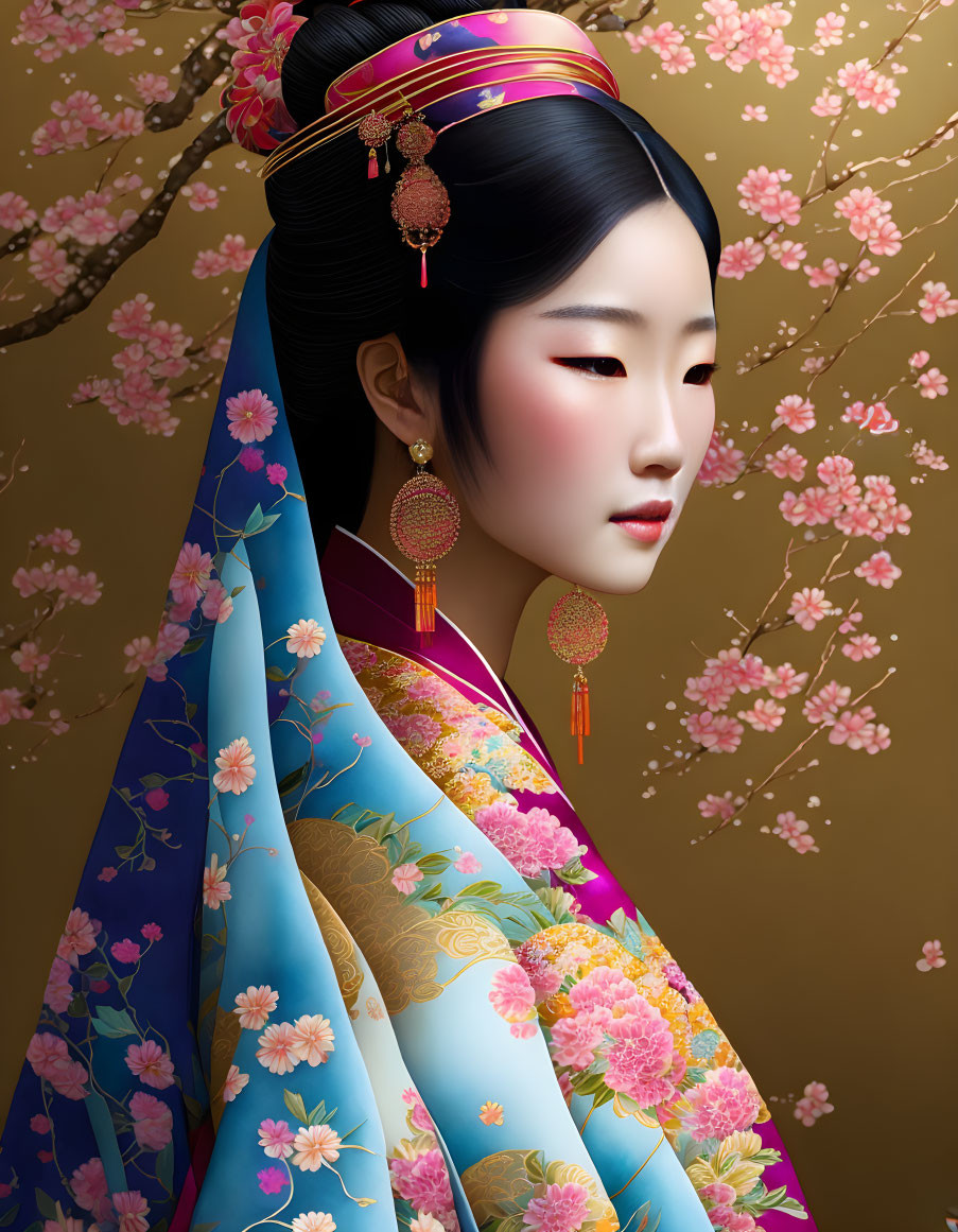 Traditional Asian Attire Woman Illustration with Floral Patterns