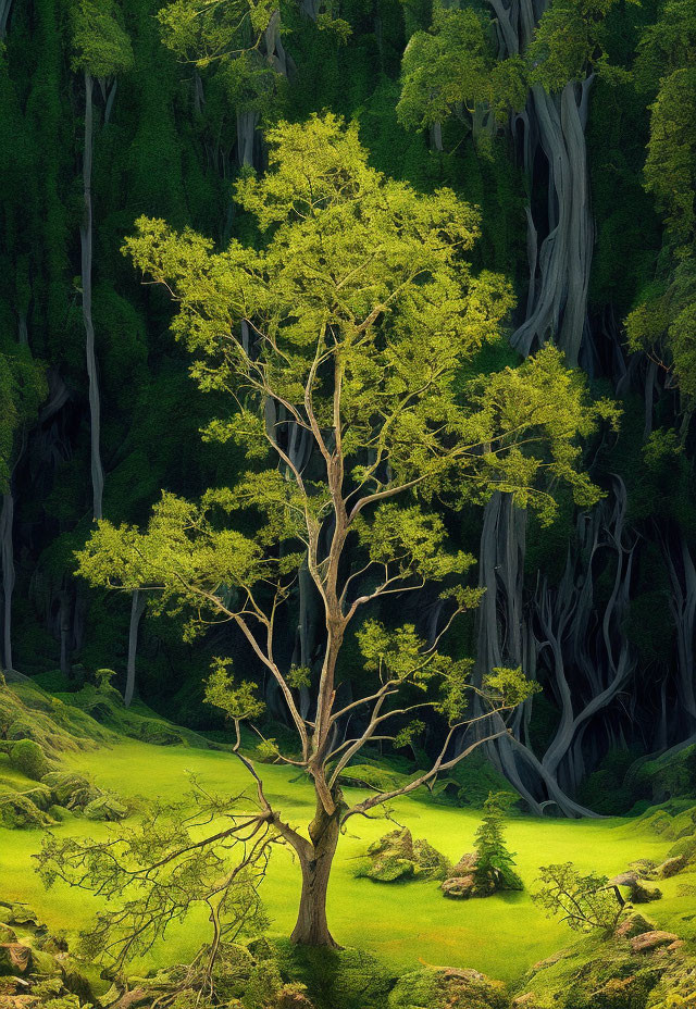 Vibrant green lone tree in shadowy forest under soft sunlight