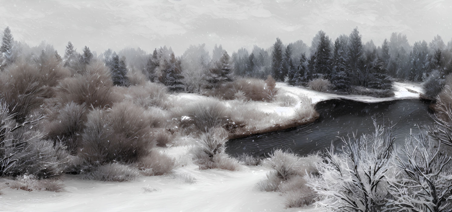 Snow-covered Riverbank in Serene Winter Landscape