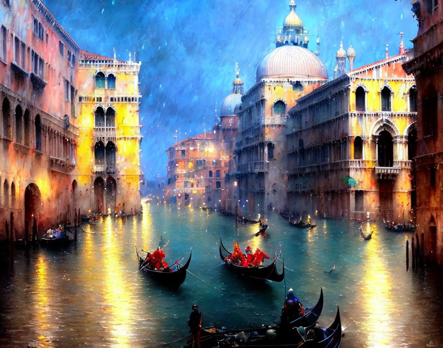 Venice painting: Gondolas on canal, historic buildings, dusk sky, snow-like effect