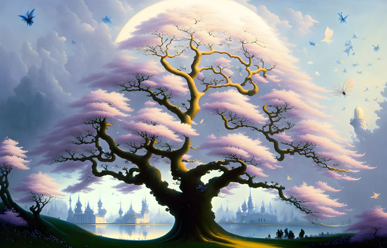 Fantastical landscape with pink tree, full moon, flying creatures, and reflective lake.