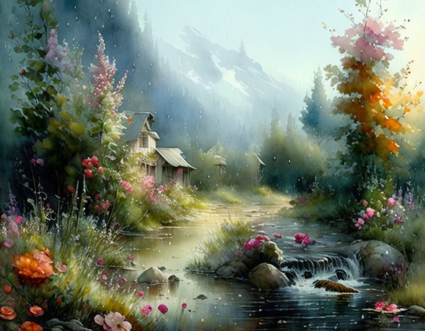 Tranquil landscape with cabin, stream, colorful flora, and misty mountains