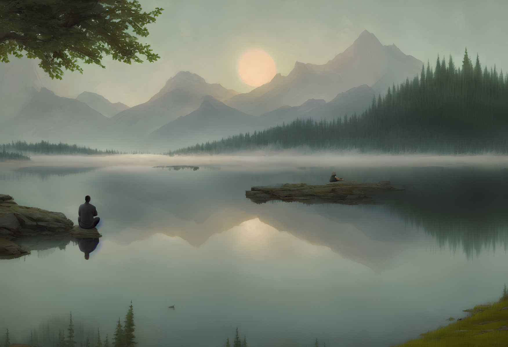 Misty lake landscape at sunrise with mountains, figures, and jumping fish