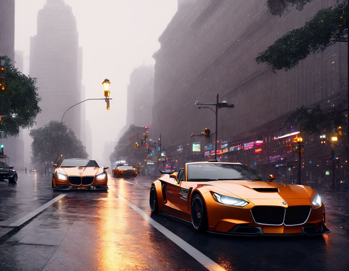 Luxury sports cars on wet city street at dusk with glowing streetlights