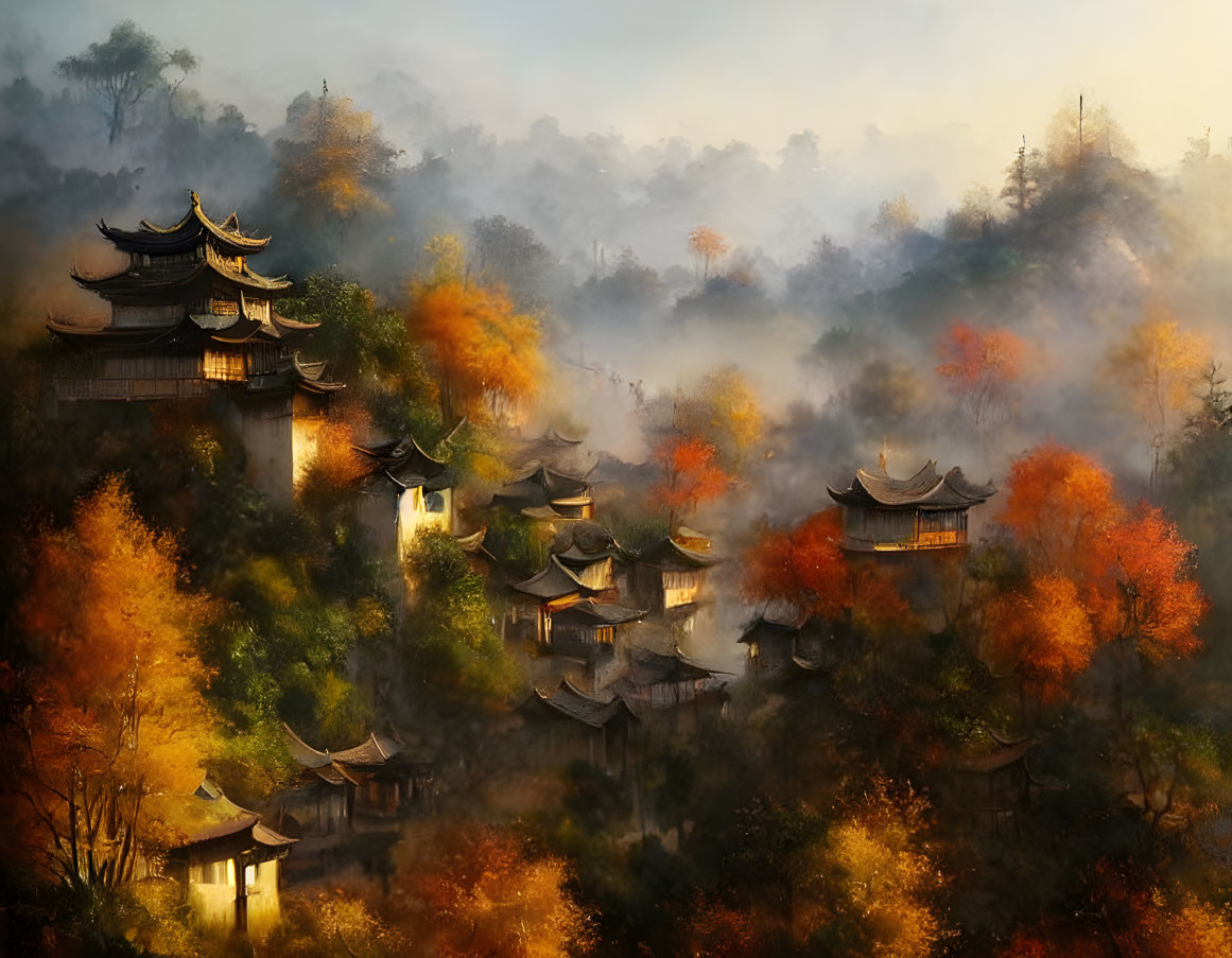 Misty Asian-style pagodas in autumn landscape