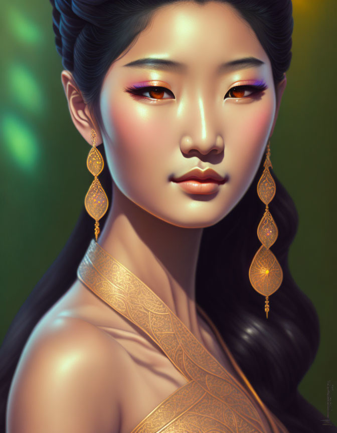 Vibrant portrait of woman with golden earrings, makeup, and shoulder tattoo