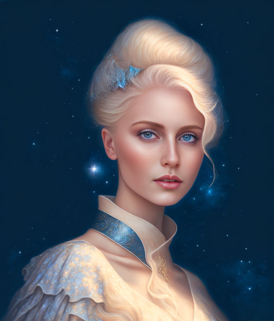 Digital portrait: Woman with pale blue eyes, starry night sky hair, celestial dress