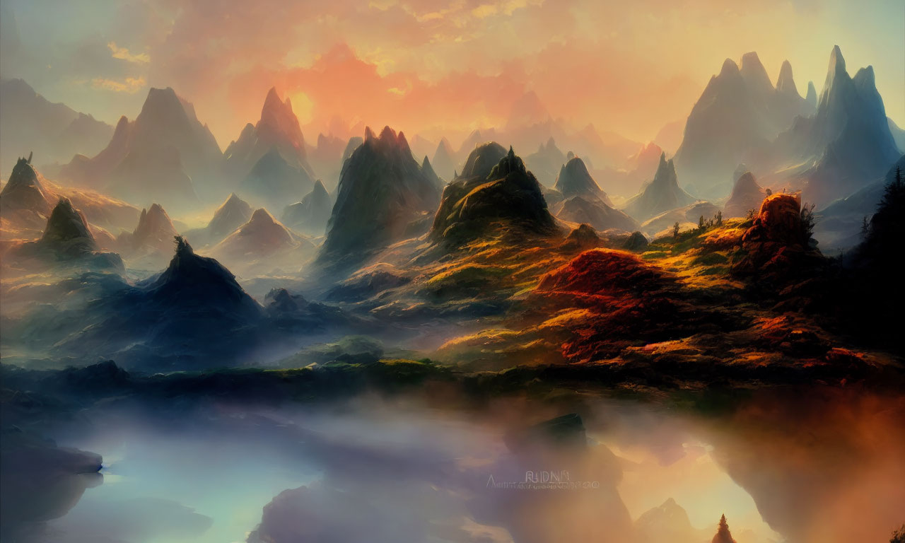 Misty mountains and glowing sunset in digital landscape