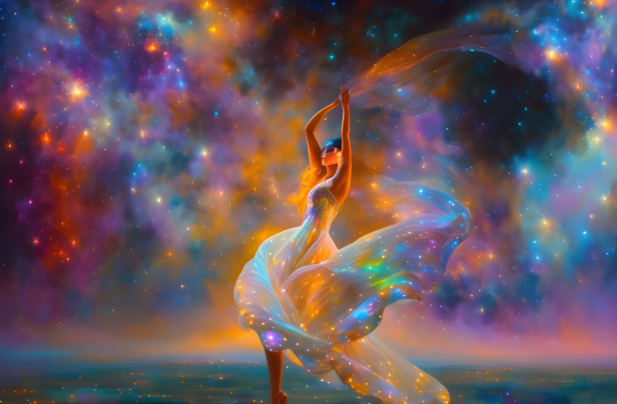 Graceful dancer in flowing attire against vibrant cosmic backdrop.