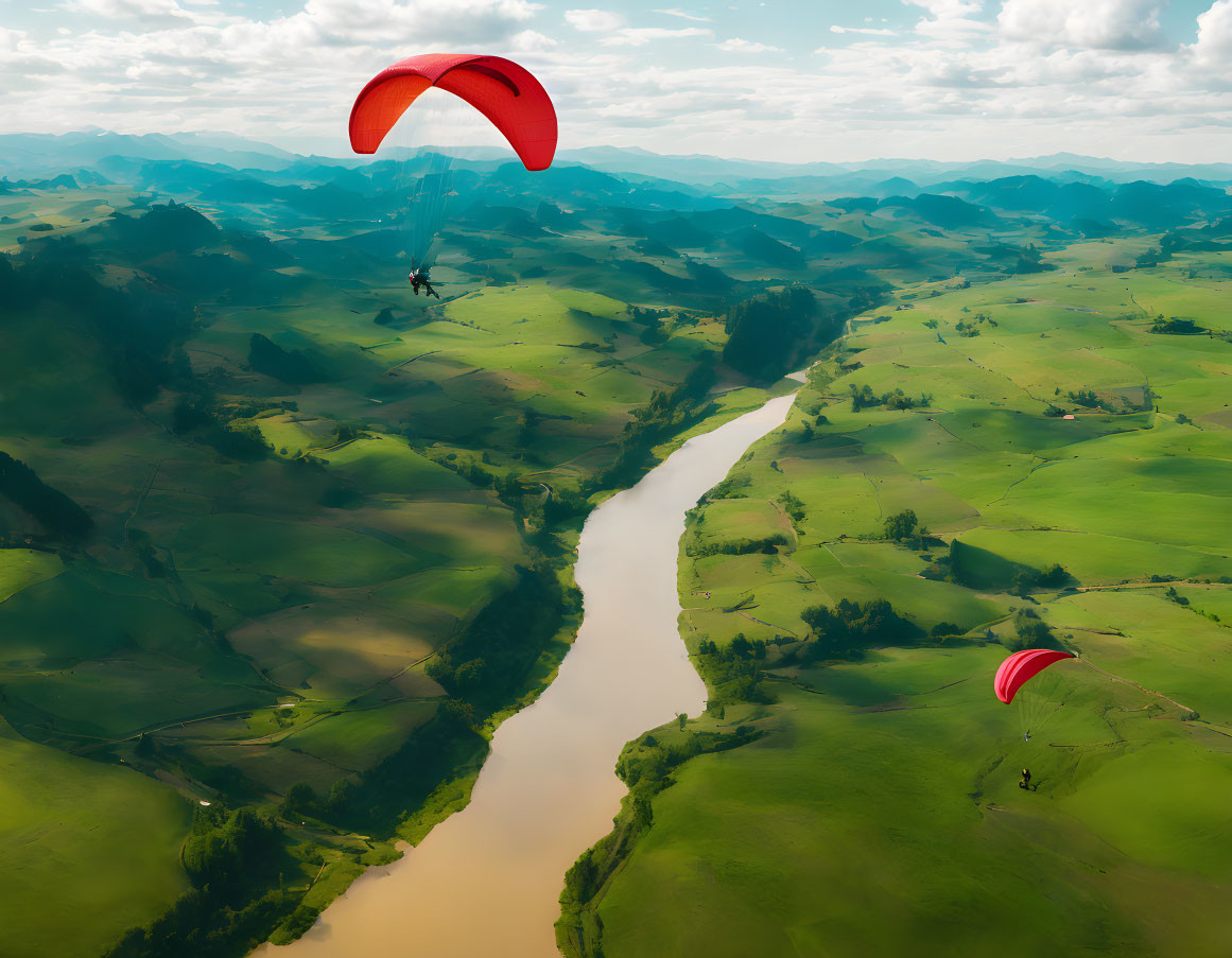 Paragliders above meandering river in lush green hills