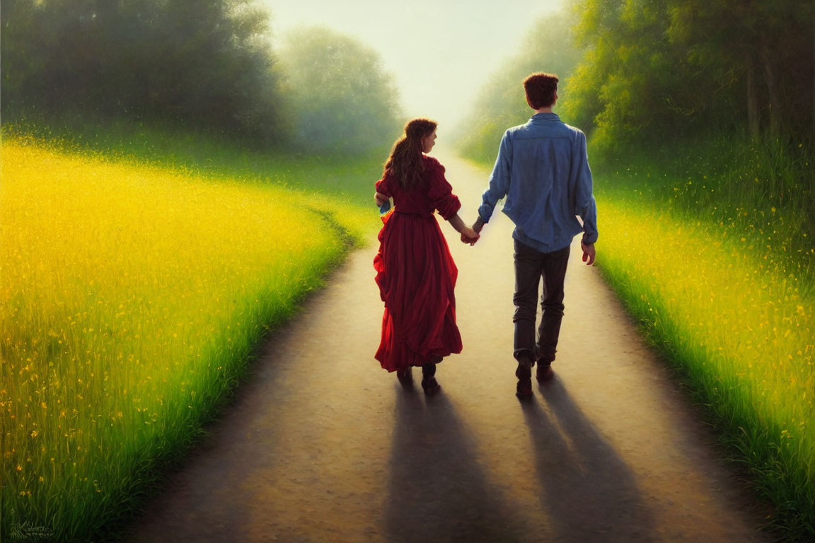 Couple walking hand in hand through scenic rural landscape