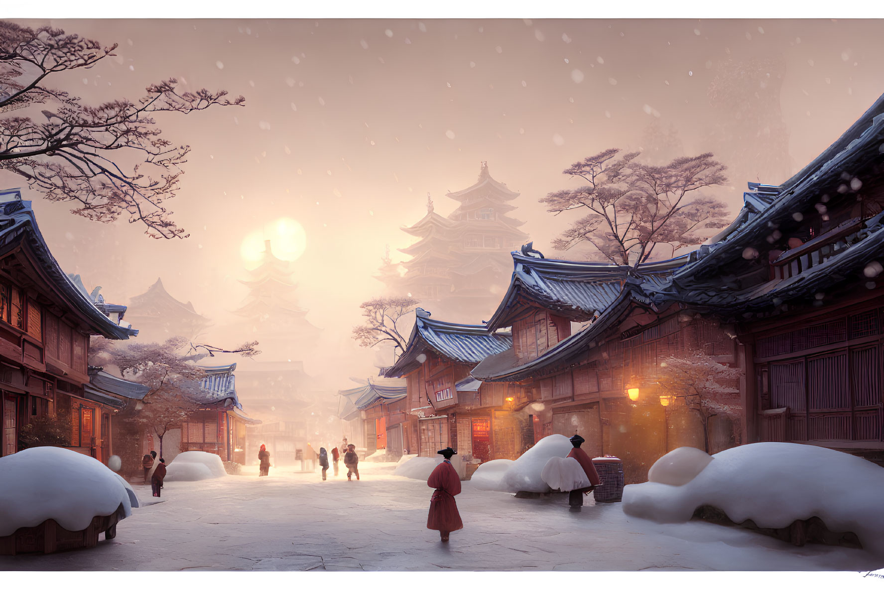 Snow-covered East Asian village in winter with glowing light