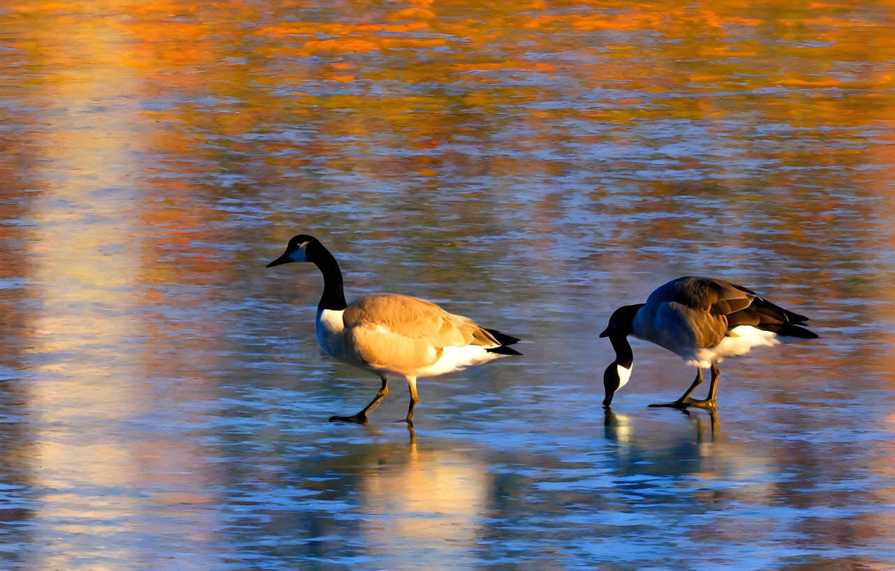 Autumn geese wading in water at golden hour