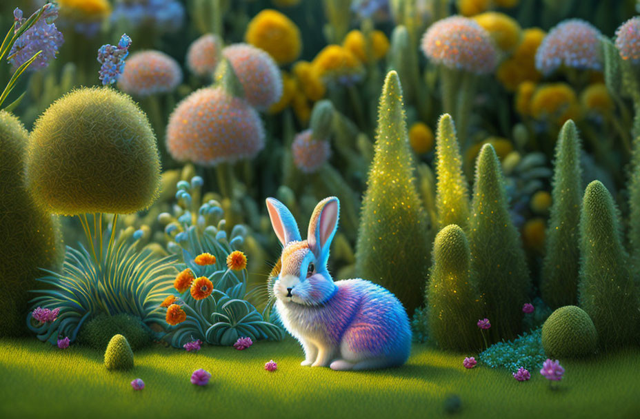 Whimsical garden illustration with blue and white rabbit among vibrant flora