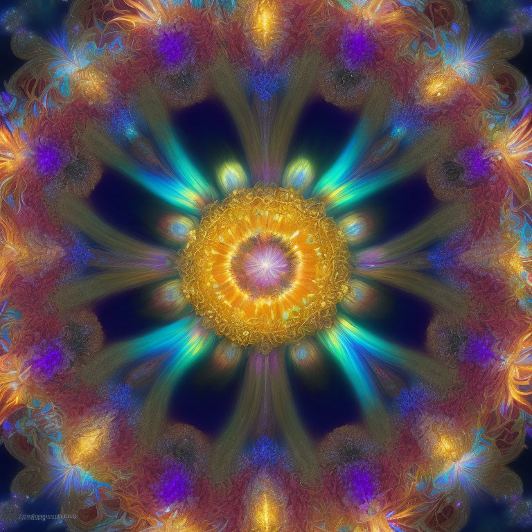 Symmetrical fractal image with golden center and intricate blue, orange, and red patterns