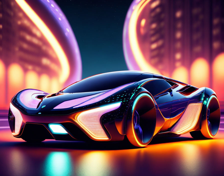 Sleek Futuristic Car with Neon Highlights in Urban Setting