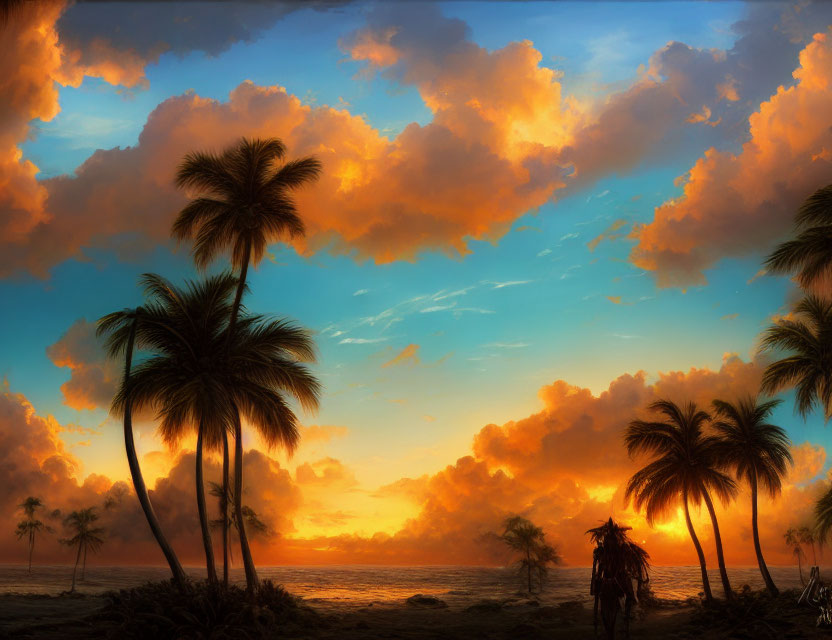 Scenic Tropical Beach Sunset with Silhouetted Palm Trees