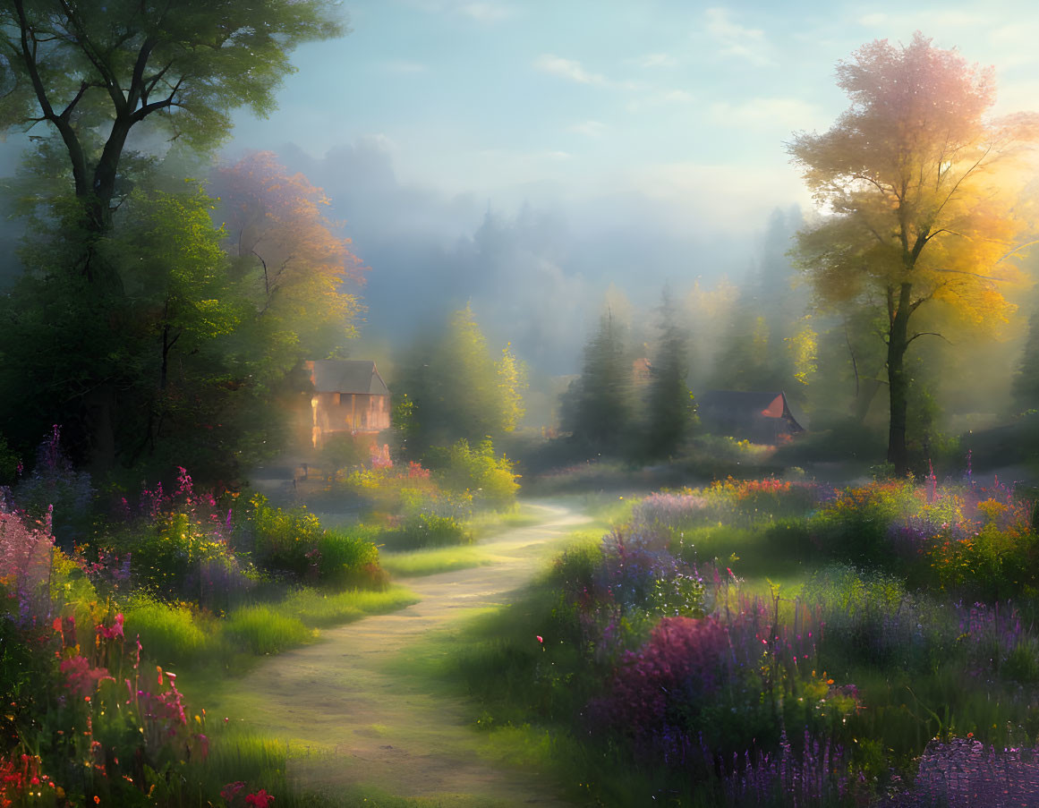 Tranquil landscape: winding path, colorful flowers, cozy cottages, misty trees