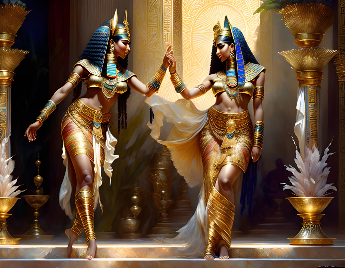 Ancient Egyptian-themed stylized figures in luxurious setting