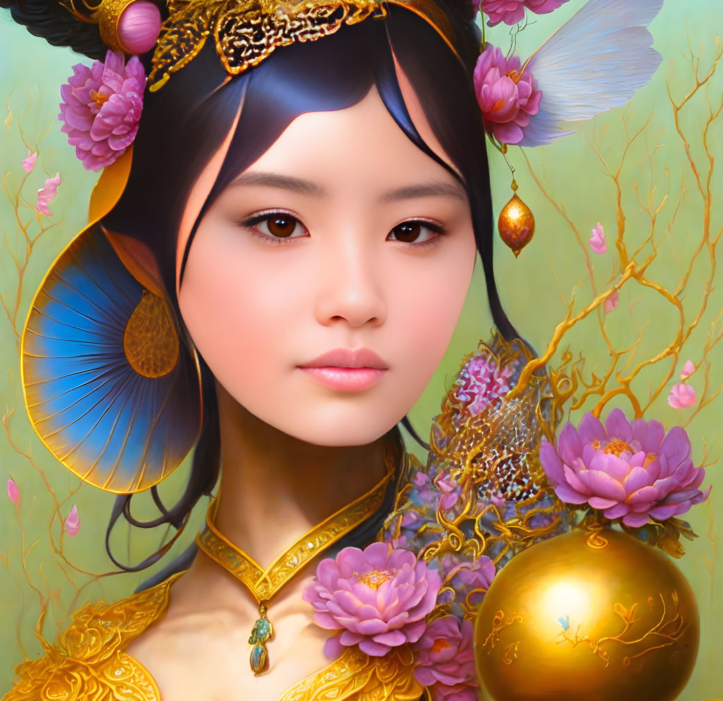 Young Woman in Traditional Attire with Golden Jewelry and Pink Flowers