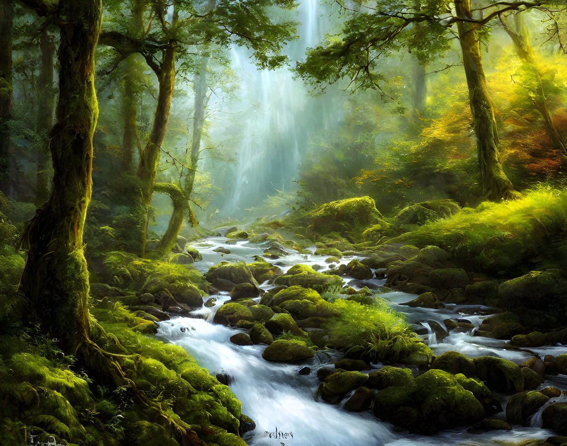 Tranquil forest waterfall with sunlight and greenery