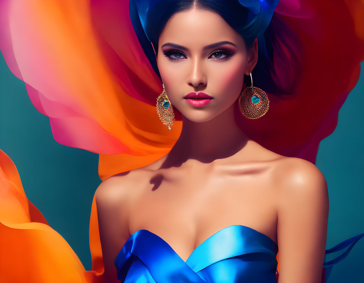 Colorful portrait of woman with striking makeup and blue headpiece on vibrant background