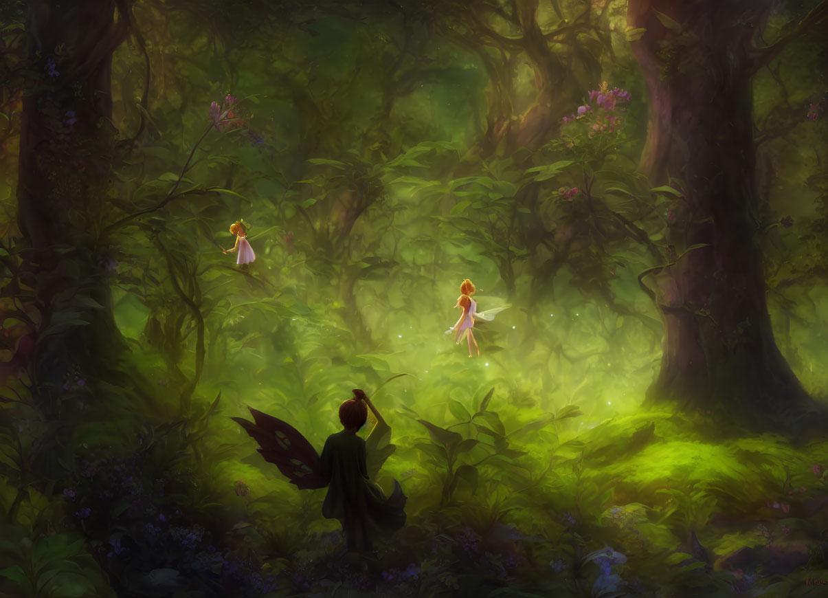 Enchanting forest scene with fairies and woodland creature