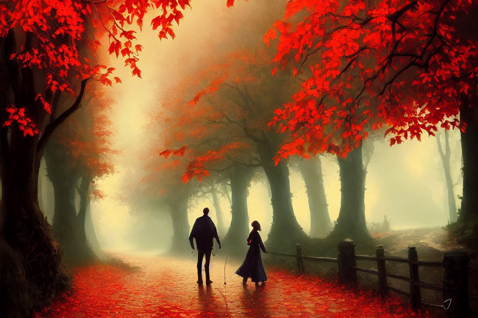 Couple walking on misty path with red autumn trees