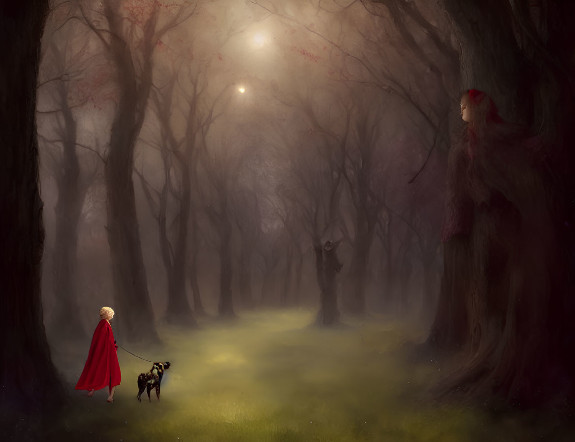 Blonde person in red cloak with dog in misty forest