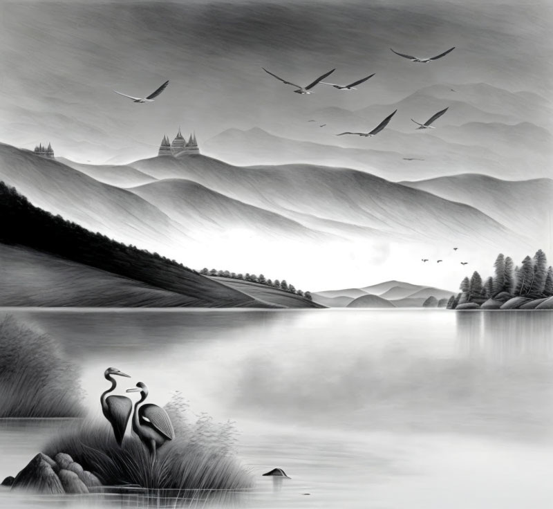 Tranquil monochromatic landscape with lake, cranes, hills, birds, and castles