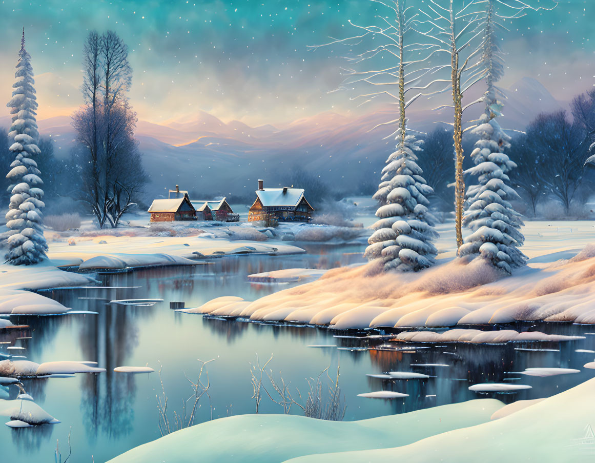 Tranquil snow-covered landscape with river, pine trees, and cozy cottages