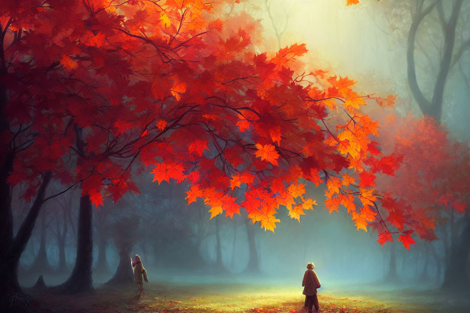 Autumn forest scene with red-leafed tree and figures walking.